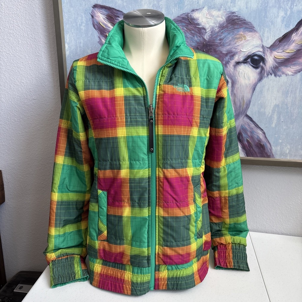 The North Face Women's S Green Pink Plaid Soft Shell Reversible Full Zip Jacket